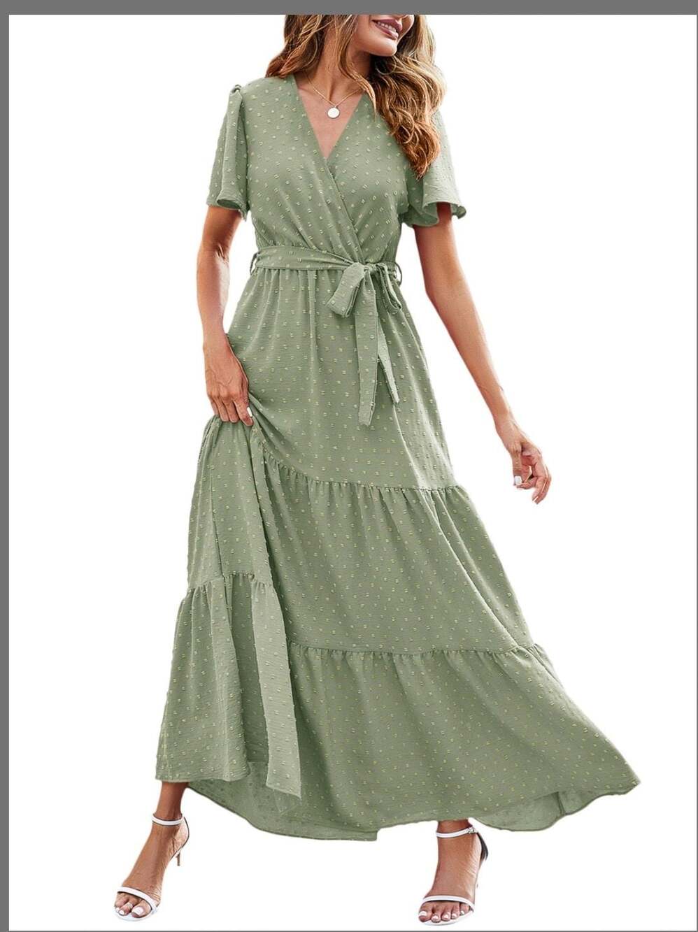 MASCOMODA Women Boho Swiss Dot Maxi Dress Light Green Wrap V Neck Flowy Small